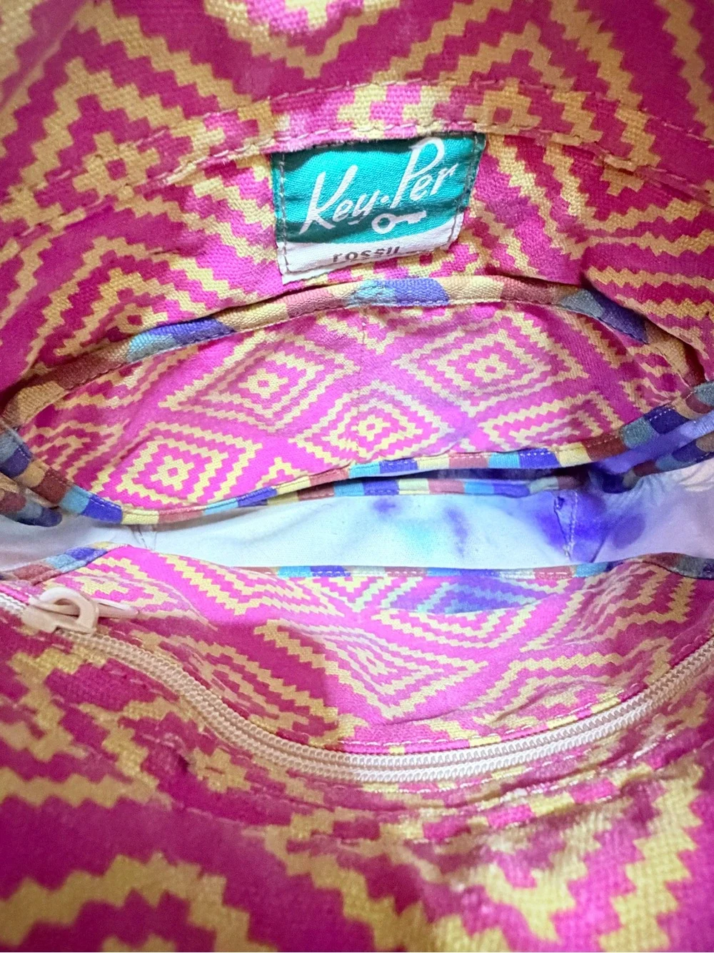 Fossil Blue Elephant Print Crossbody Bag with Pink Pattern Trim